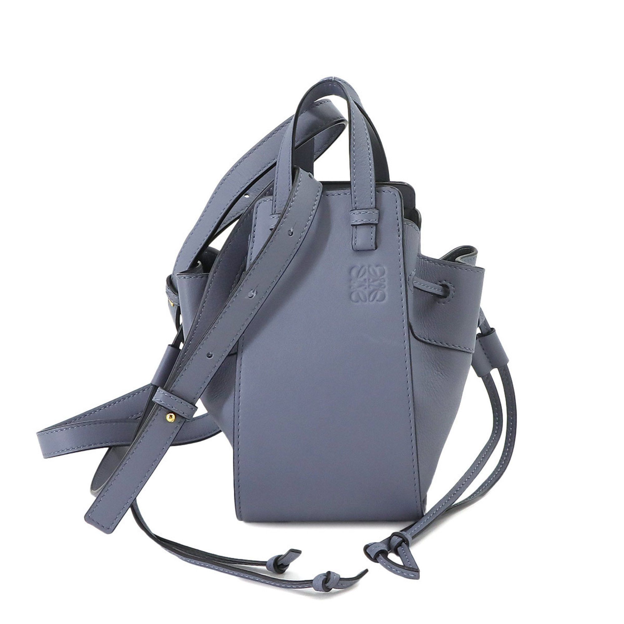image of Loewe Hammock Drawstring 2Way Hand Shoulder Bag Leather Blue Mini, Women's