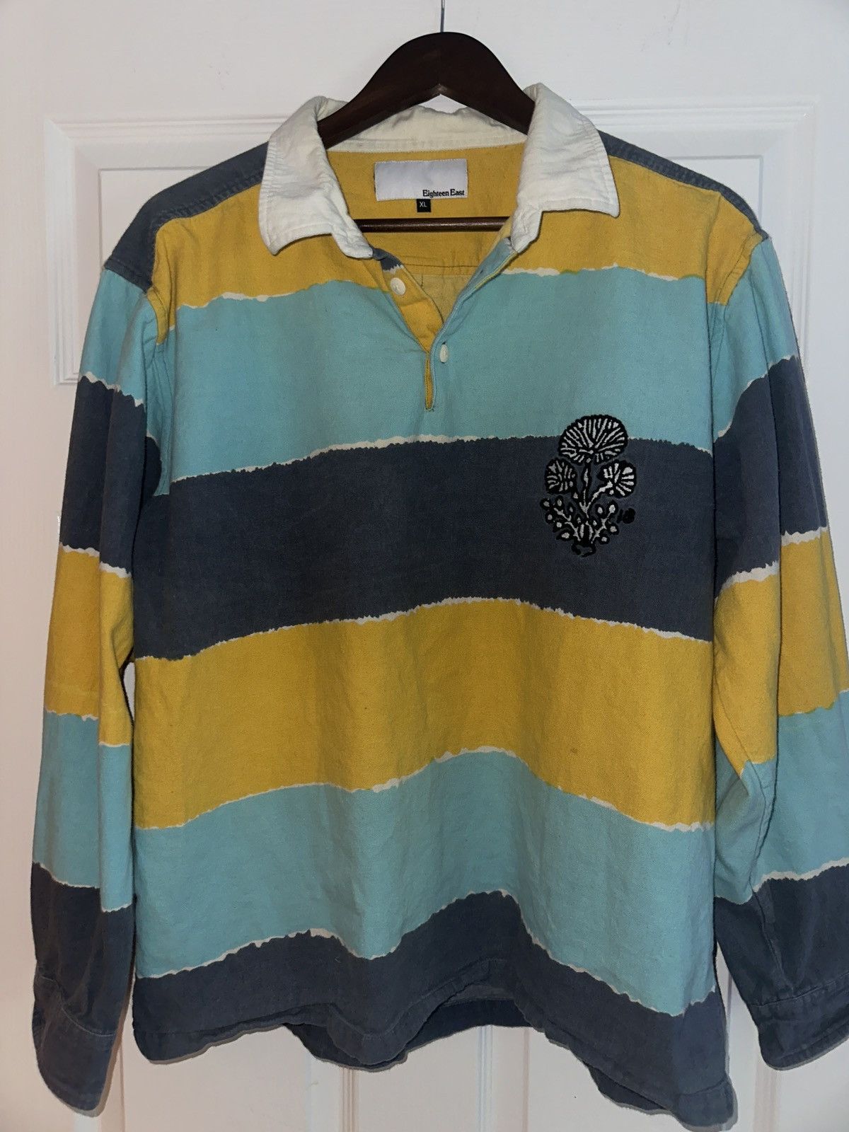 image of 18 East Embroidered Rugby Polo in Blue/Yellow, Men's (Size XL)