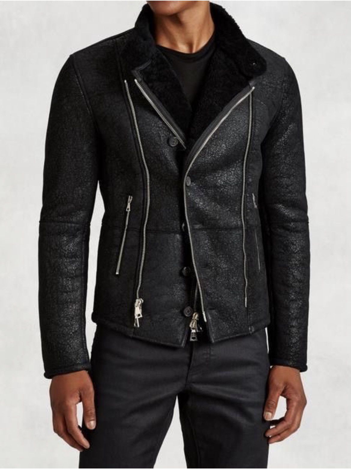John Varvatos Asymmetrical Biker Shearling Jacket EU 50 USA 40 Size US M / EU 48-50 / 2 - 1 Thumbnail