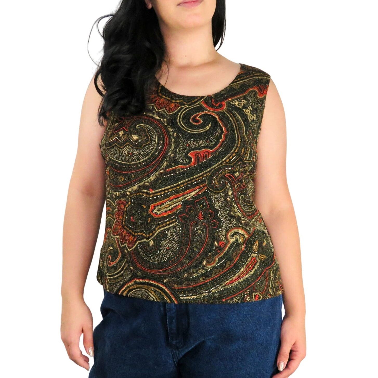 Vintage 0s Vintage Brown Paisley Retro Sleeveless Top Blouse Large Size L / US 10 / IT 46 - 1 Thumbnail