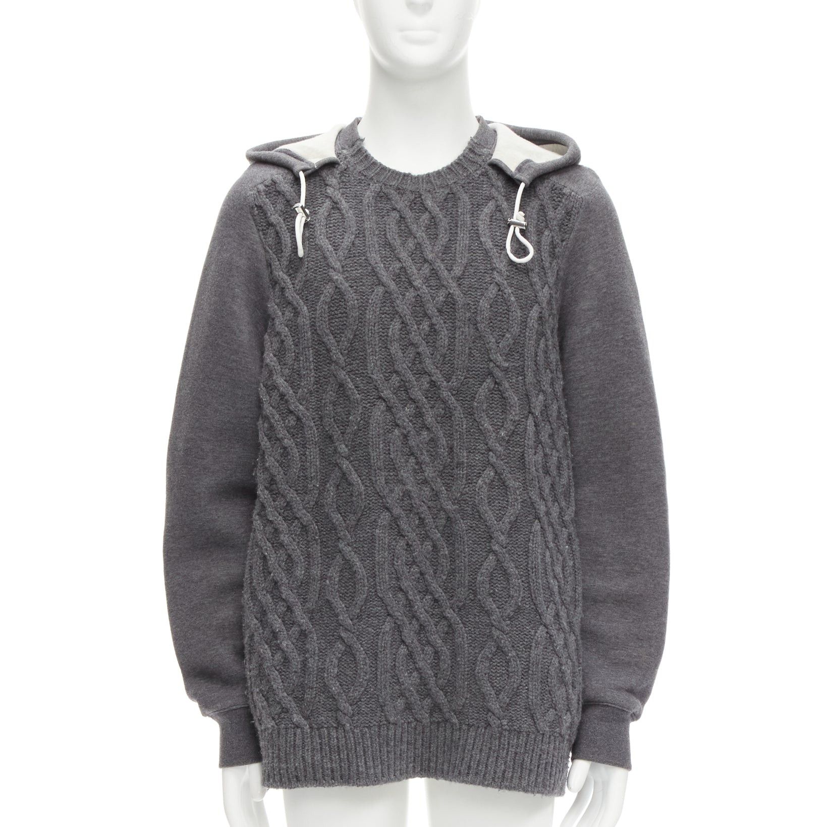 Sacai SACAI 2015 grey 100% wool cable knit contrast hood sweater JP3 L Size US M / EU 48-50 / 2 - 1 Thumbnail