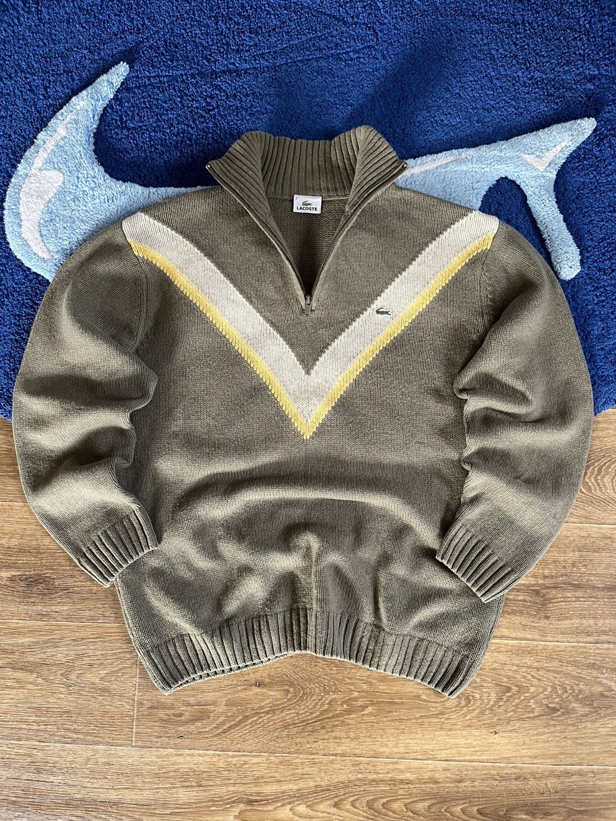 Lacoste Vintage Lacoste Quarter Zip Knit Sweater Olive V-Stripe Size US XL / EU 56 / 4 - 1 Thumbnail