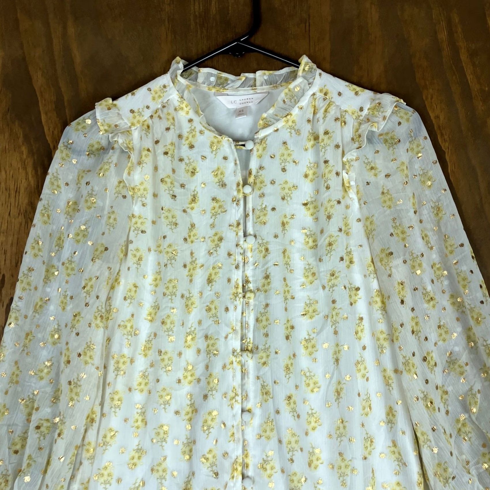 Lauren Conrad LC Lauren Conrad Womens Blouse White Yellow Floral Sheer Long Sleeve Lined XS Size XS / US 0-2 / IT 36-38 - 2 Thumbnail
