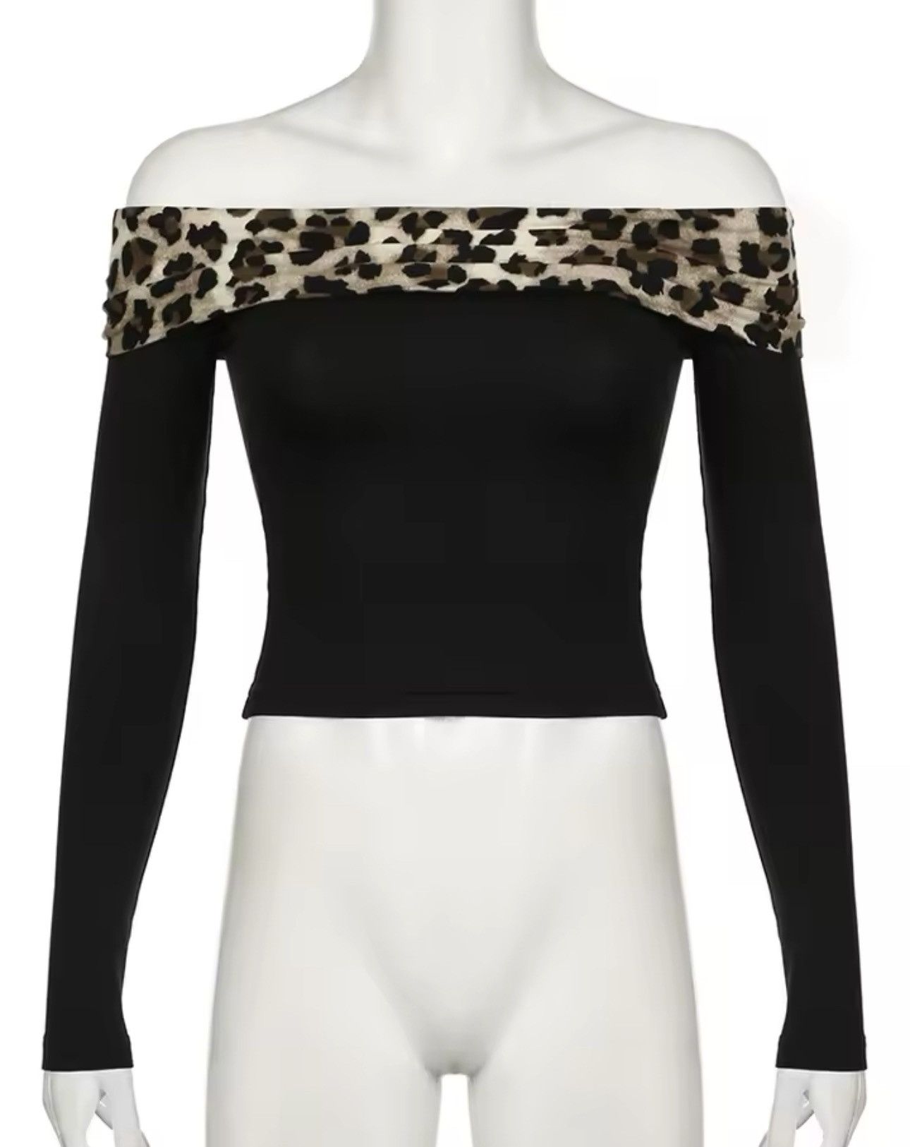 Vintage Black Brown Fold Over off shoulder top with leopard print Size M / US 6-8 / IT 42-44 - 1 Thumbnail