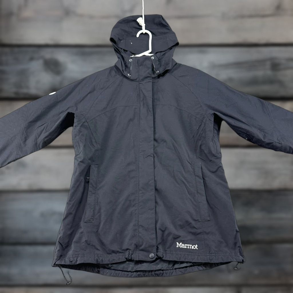 Marmot Marmot Jacket Womens L Black Hooded Rain Coat Lined Full Zip Nylon Logo Parka Weather Coat Size L / US 10 / IT 46 - 1 Thumbnail