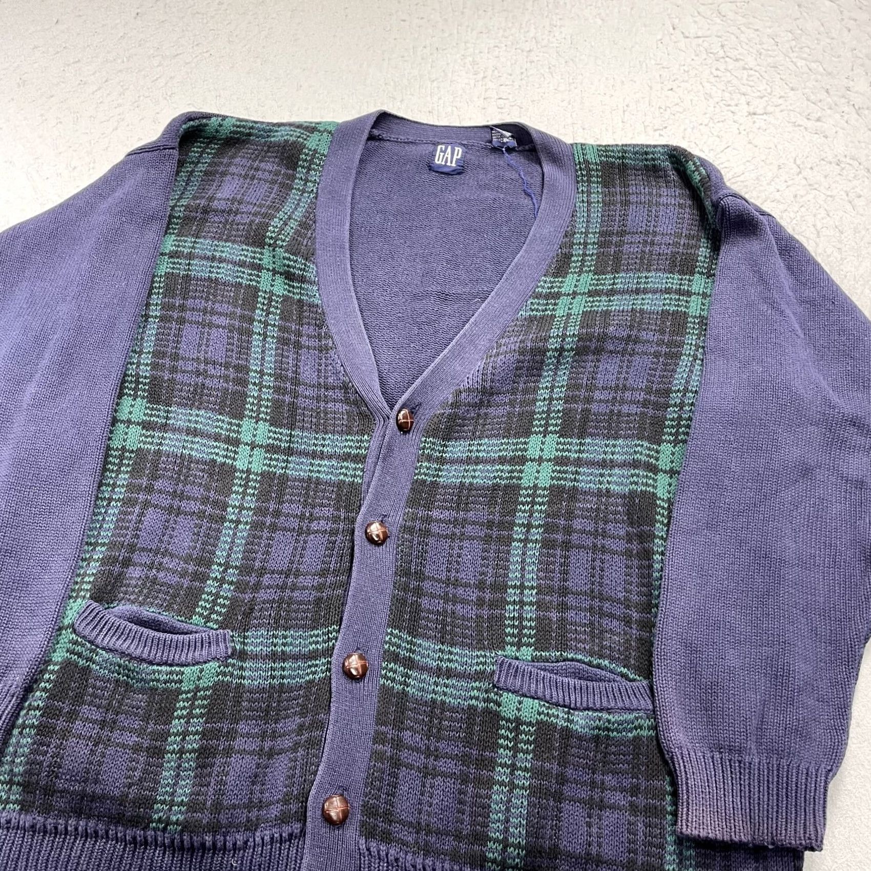 Gap VINTAGE Gap Sweatshirt Mens XL Blue Grandpa Plaid Knit Cardigan Cotton 90s Size US XL / EU 56 / 4 - 3 Thumbnail
