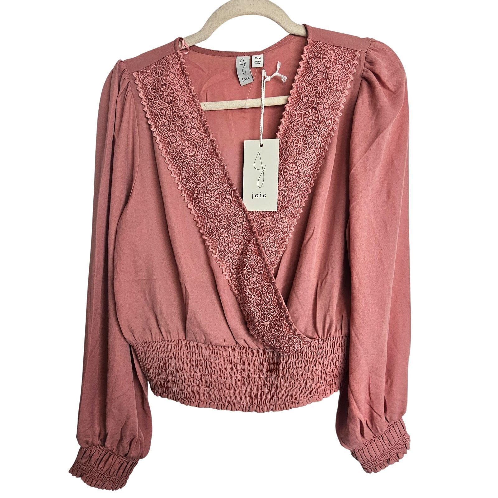 Joie Joie Womens Surplice Smocked Blouse Sz M Lace Trim Coquette Size M / US 6-8 / IT 42-44 - 1 Thumbnail