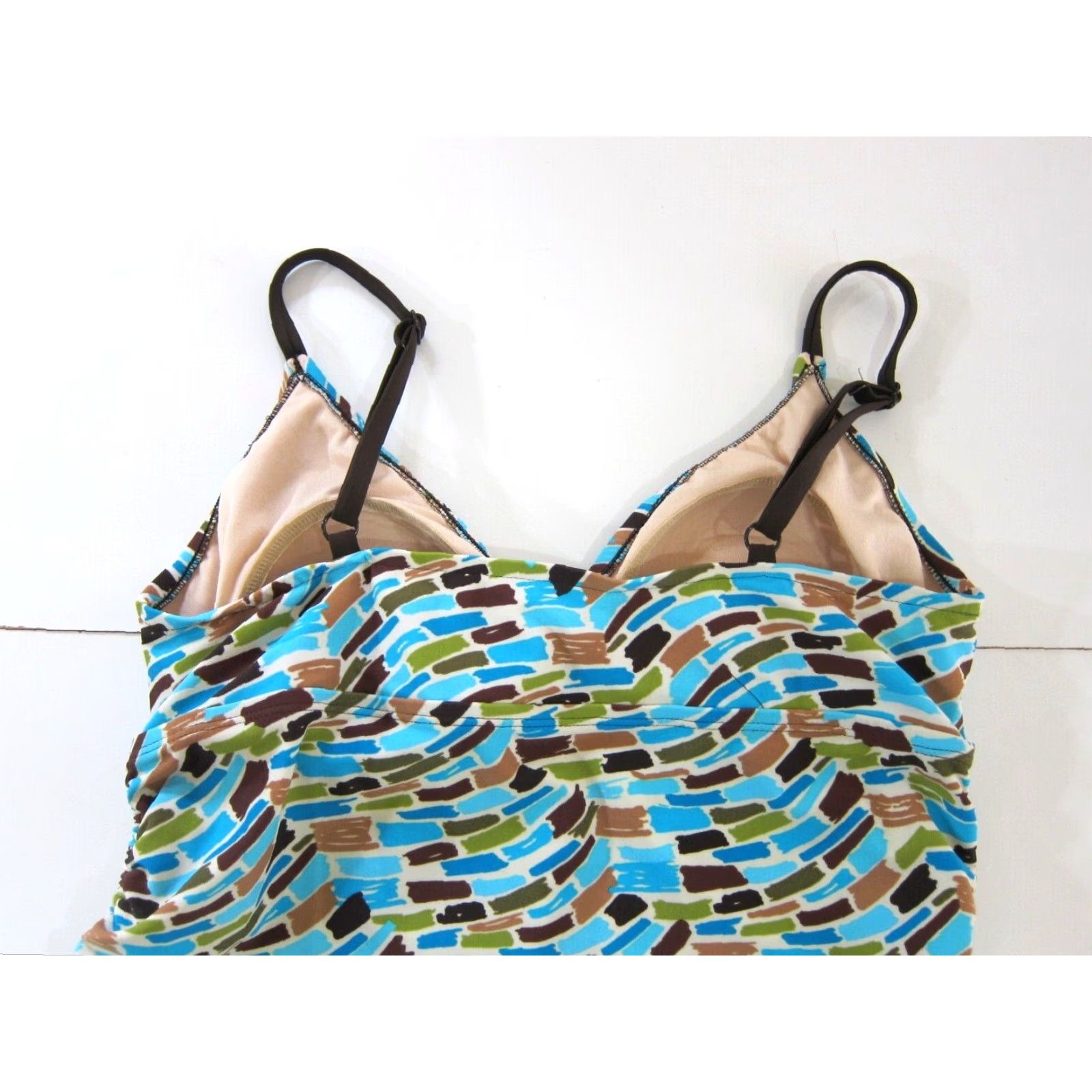 Vintage Coco Beach Blue Tankini Swim Top L Women Abstract Built In Bra Brown Green 34" Bust 30" Waist 23" Shoulder to Bottom Hem Mens? Size L / US 10 / IT 46 - 4 Thumbnail
