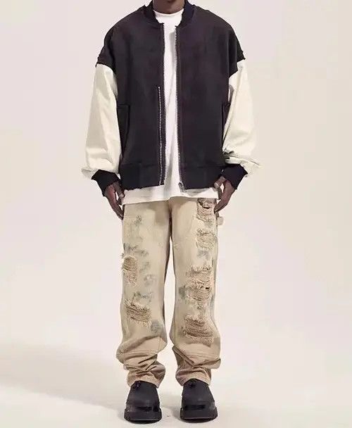 Jean Retro distressed graffiti paint ripped work jeans Size US 32 / EU 48 - 2 Thumbnail