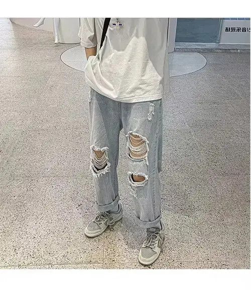 Anime × Jean Pants Light Blue Hole Jeans for Men Summer Fashion Size US 29 - 1 Thumbnail