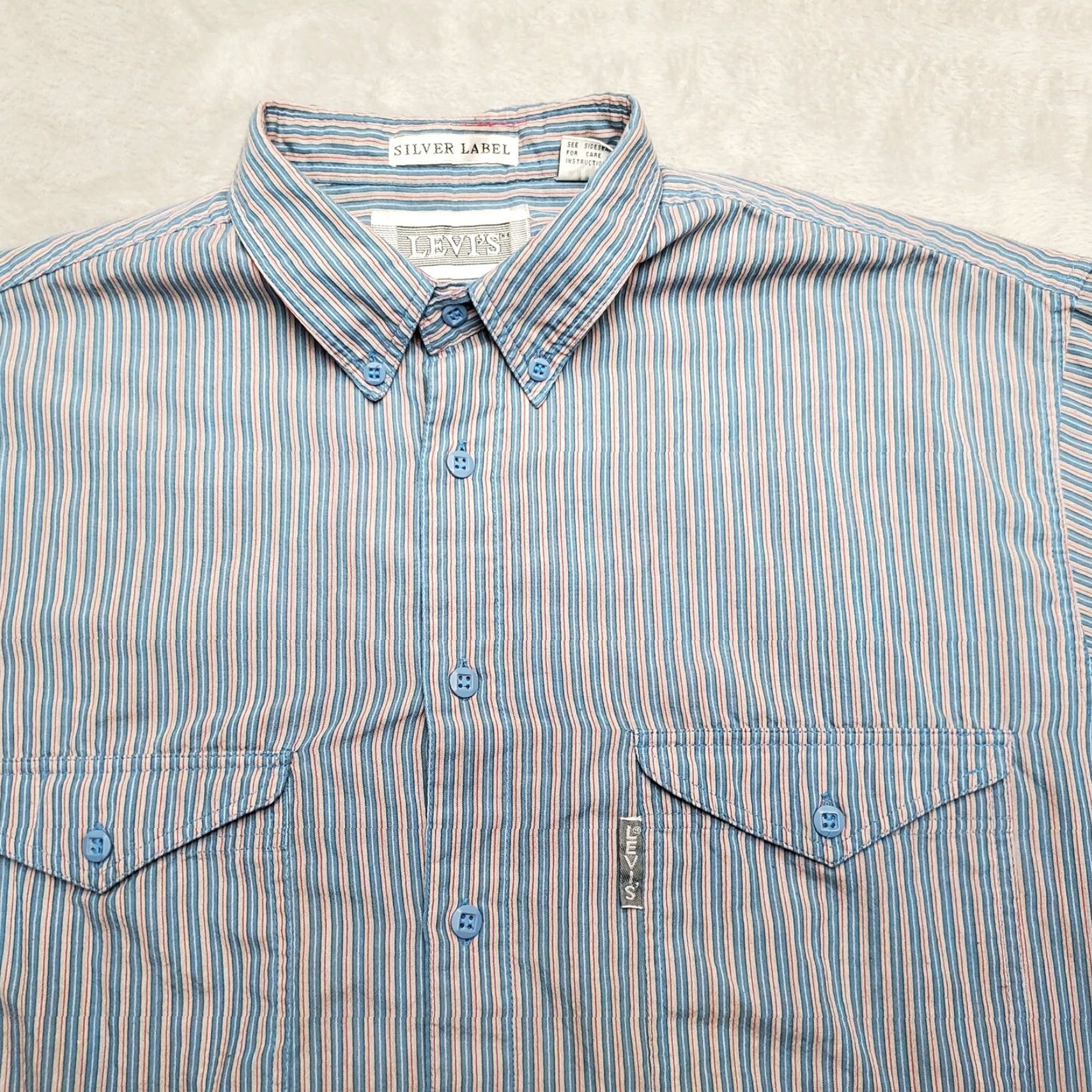 Levi's VINTAGE Levis Silver Label Shirt Mens L Blue Striped Big E Tab Long Sleeve Button-Up Casual Mens Size US L / EU 52-54 / 3 - 4 Thumbnail