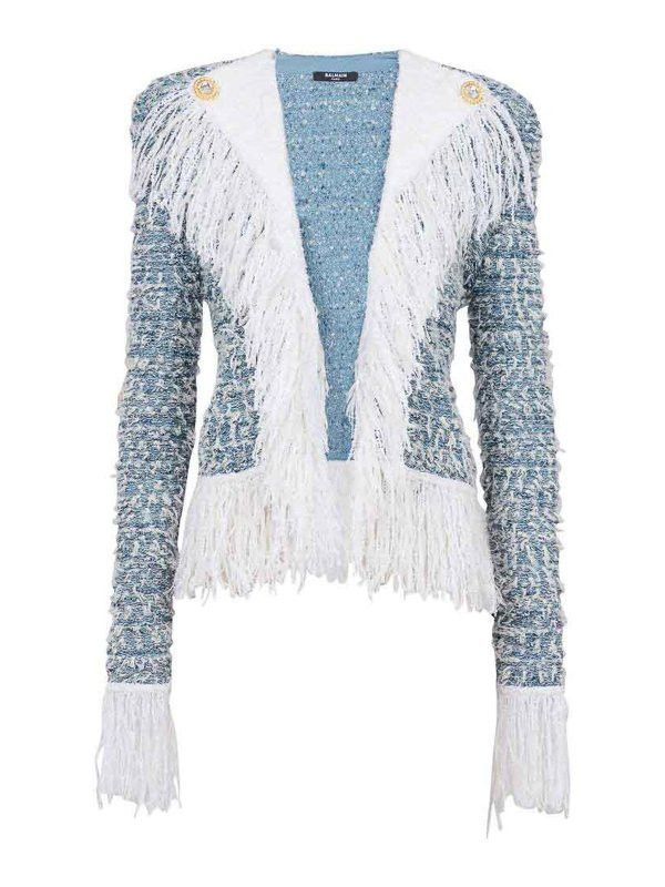 o1s1wg110825 Fringed Tweed Cardigan in Blue