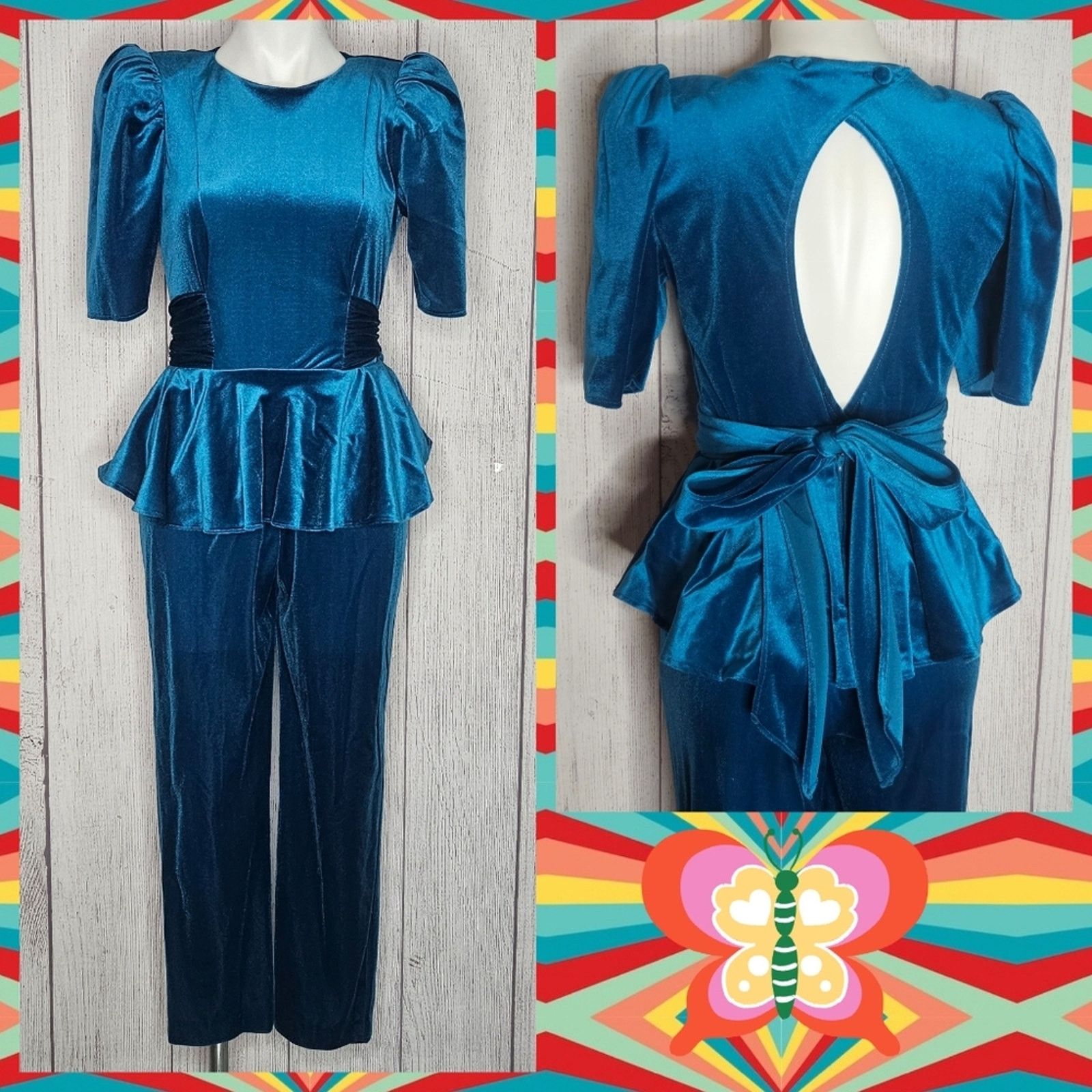 Vintage VTG 80s Teal Velvet Peplum Waist Jumpsuit with Open Back Size 28" / US 6 / IT 42 - 1 Thumbnail
