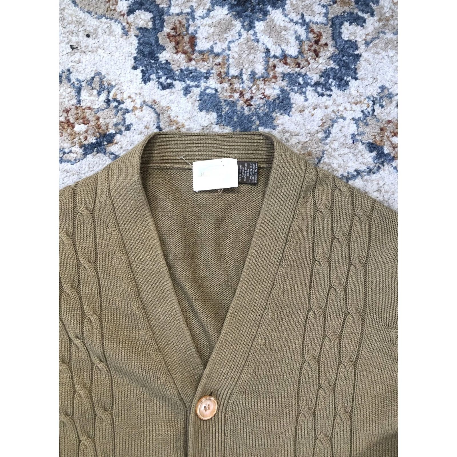 JCPenney VINTAGE JCPenney Sweater Cardigan Mens Large Green Cable-Knit Pockets 80s Size US L / EU 52-54 / 3 - 2 Thumbnail