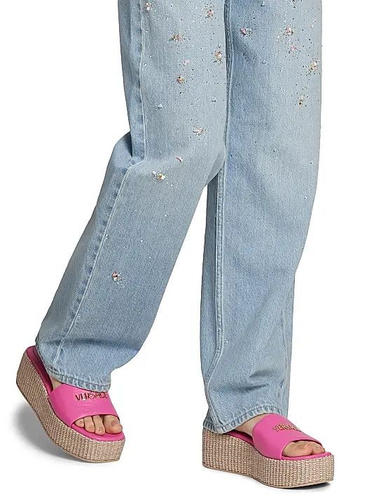 Versace os11x0326 Leather & Raffia Platform Sandals in Pink Size US 6 / IT 36 - 2 Thumbnail