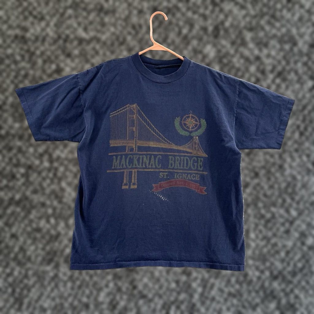 Vintage VINTAGE Mackinac Bridge Michigan Blue Crew Neck Short Sleeve T