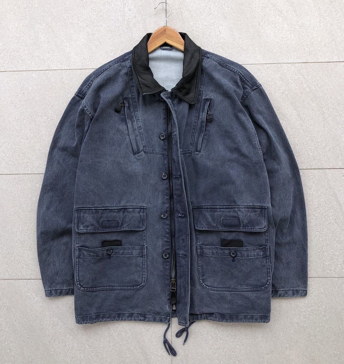 Vintage Vintage SENT HOMME Sun Faded Denim Leather Baggy Jacket Size US M / EU 48-50 / 2 - 3 Thumbnail