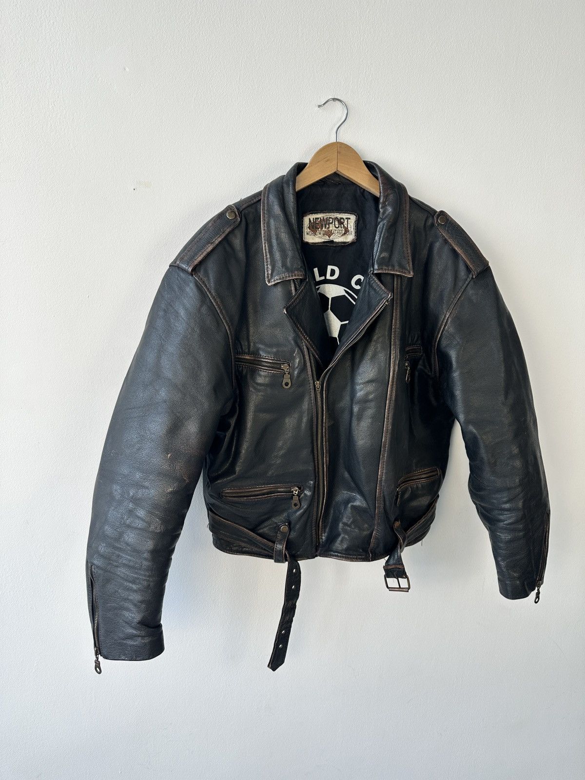 Leather RARE Newport World Cup 1994 Leather Biker Jacket Distressed Size US XL / EU 56 / 4 - 3 Thumbnail