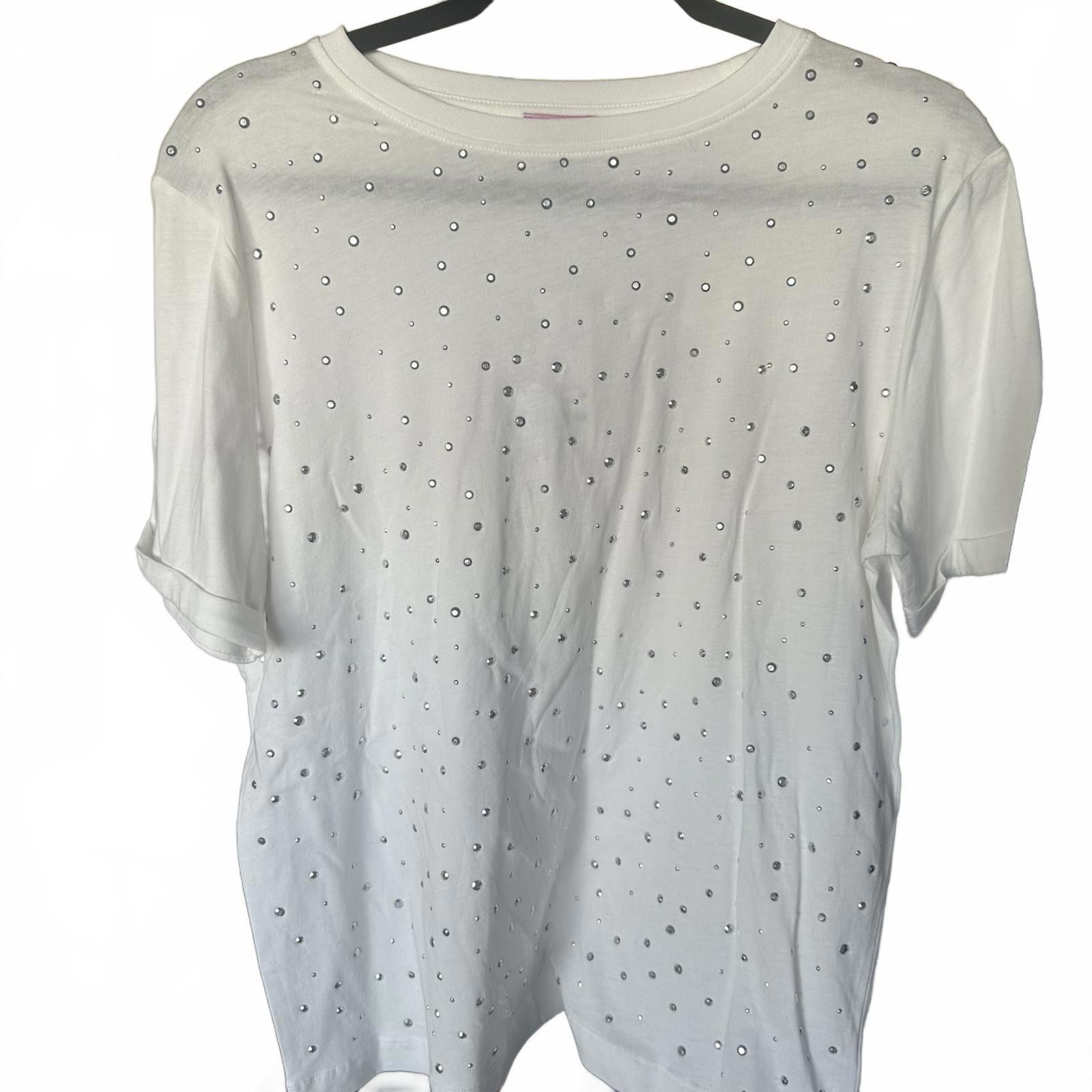 Designer Mi Ami XS Stylish White Graphic Tee with Rhinestones Size XS / US 0-2 / IT 36-38 - 1 Preview