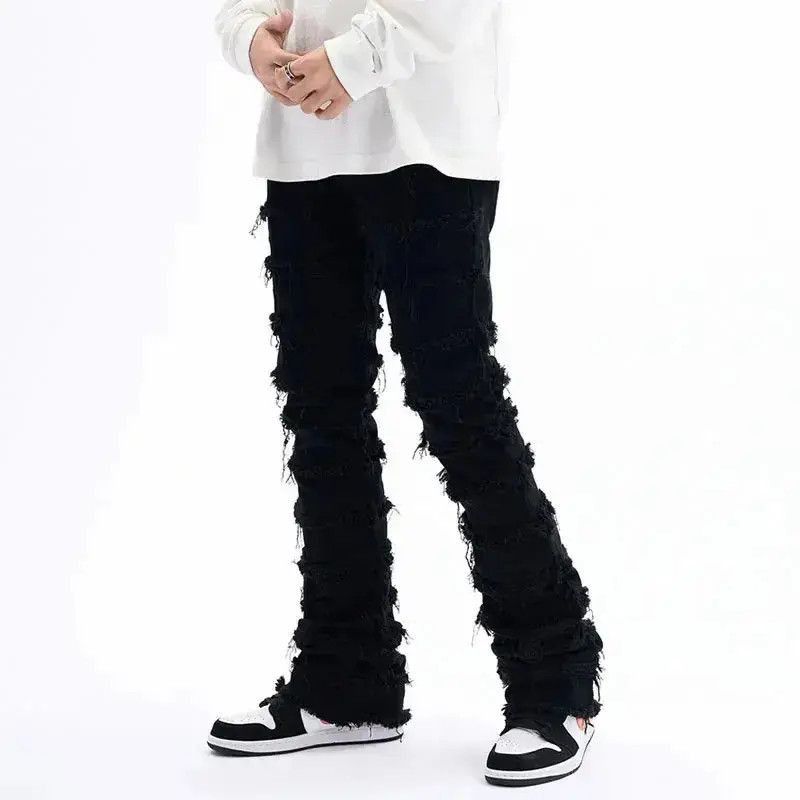 Japanese Brand Black Striped Tassel Frayed Straight Baggy Jeans Pants Size US 32 / EU 48 - 4 Thumbnail