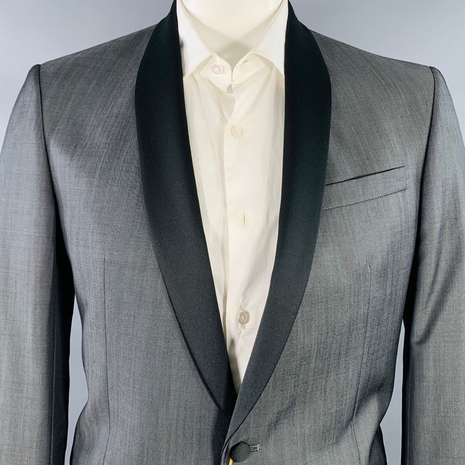 Size 42 Long Grey Black Wool Mohair Shawl Collar Sport Coat