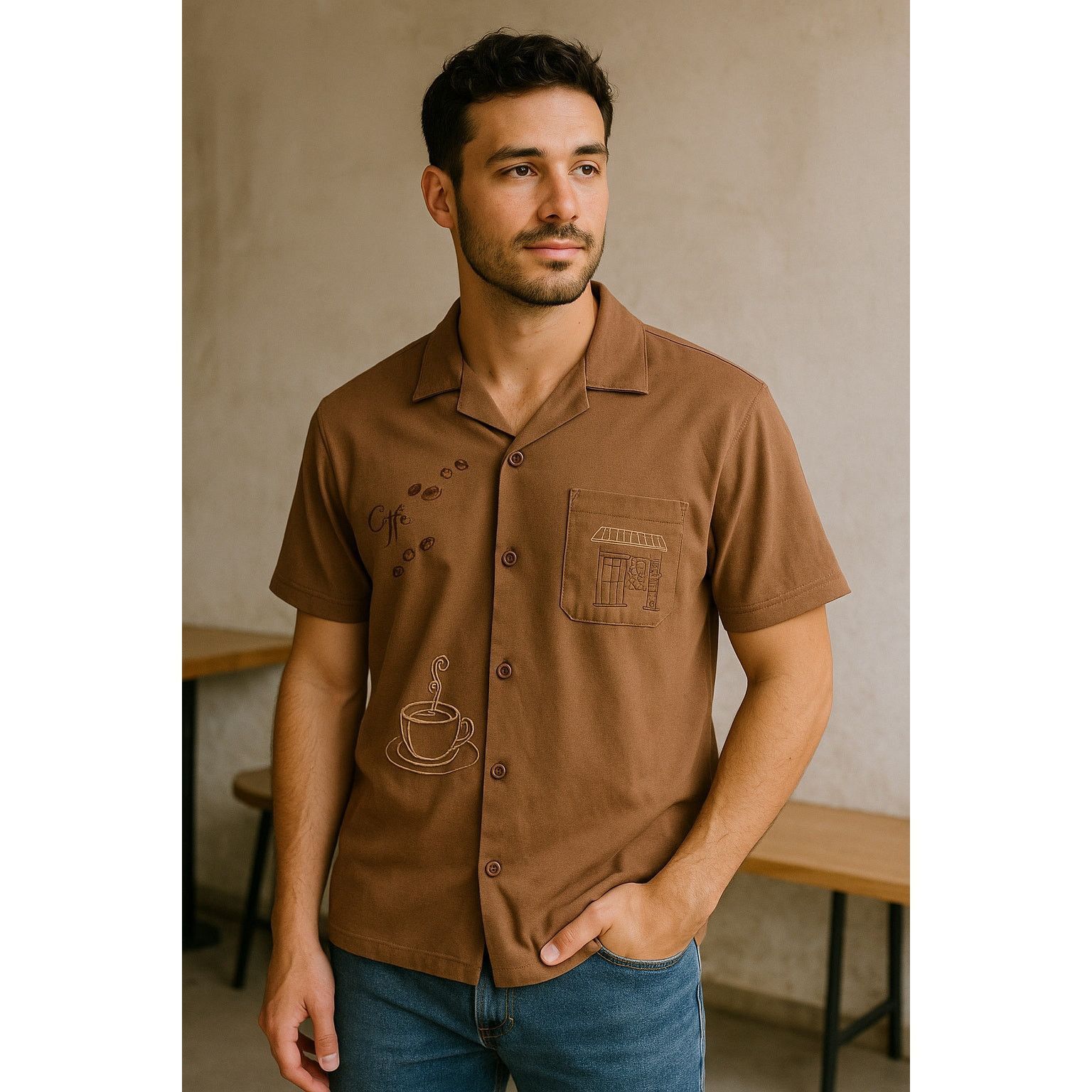 Other Vox Populi Coffee Print Brown Button M Casual Cuban Collar Size US M / EU 48-50 / 2 - 1 Thumbnail