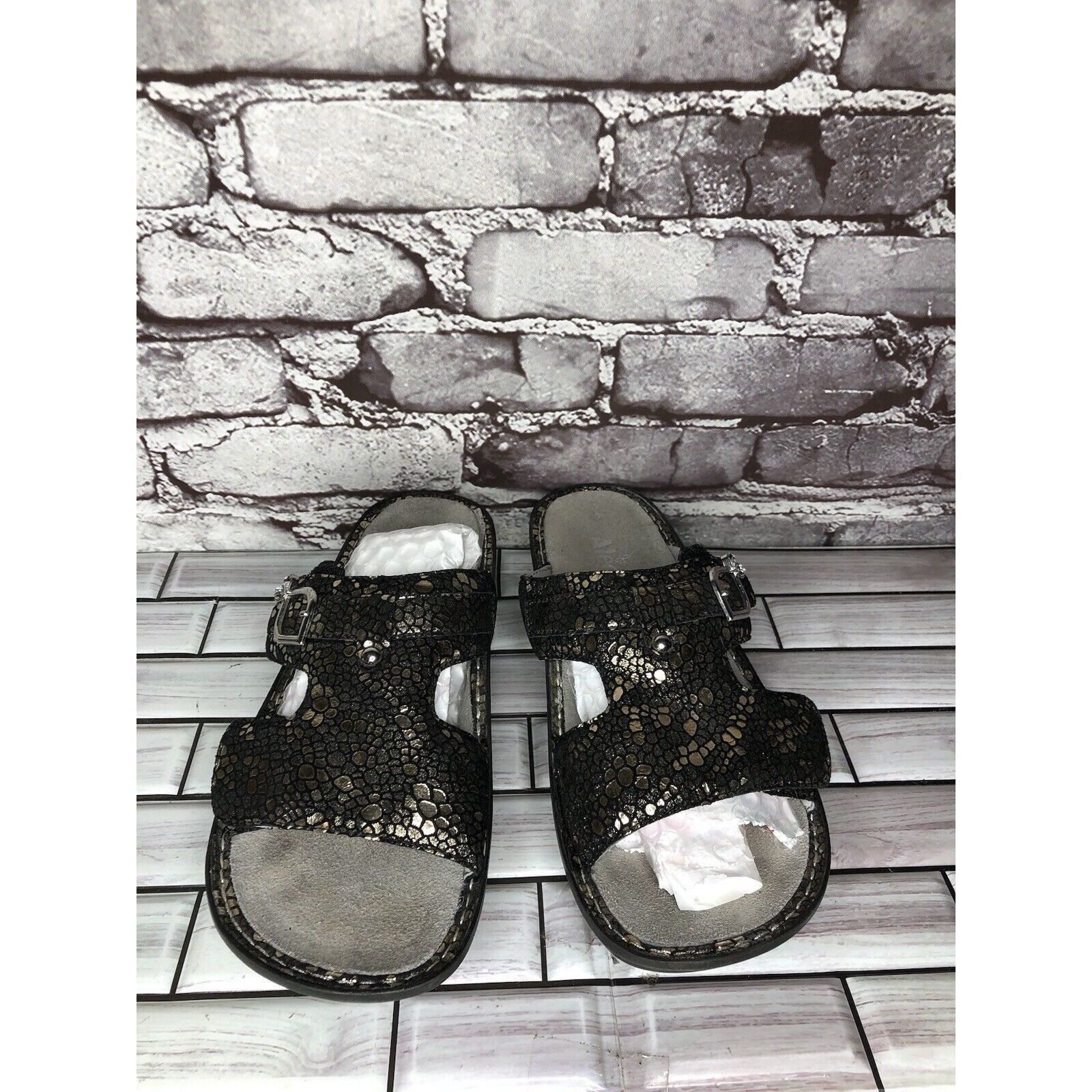 Allegri Alegria PEG 780 Black Silver Mosaic Leather Platform Slides Size US 10.5 / IT 40.5 - 19 Thumbnail