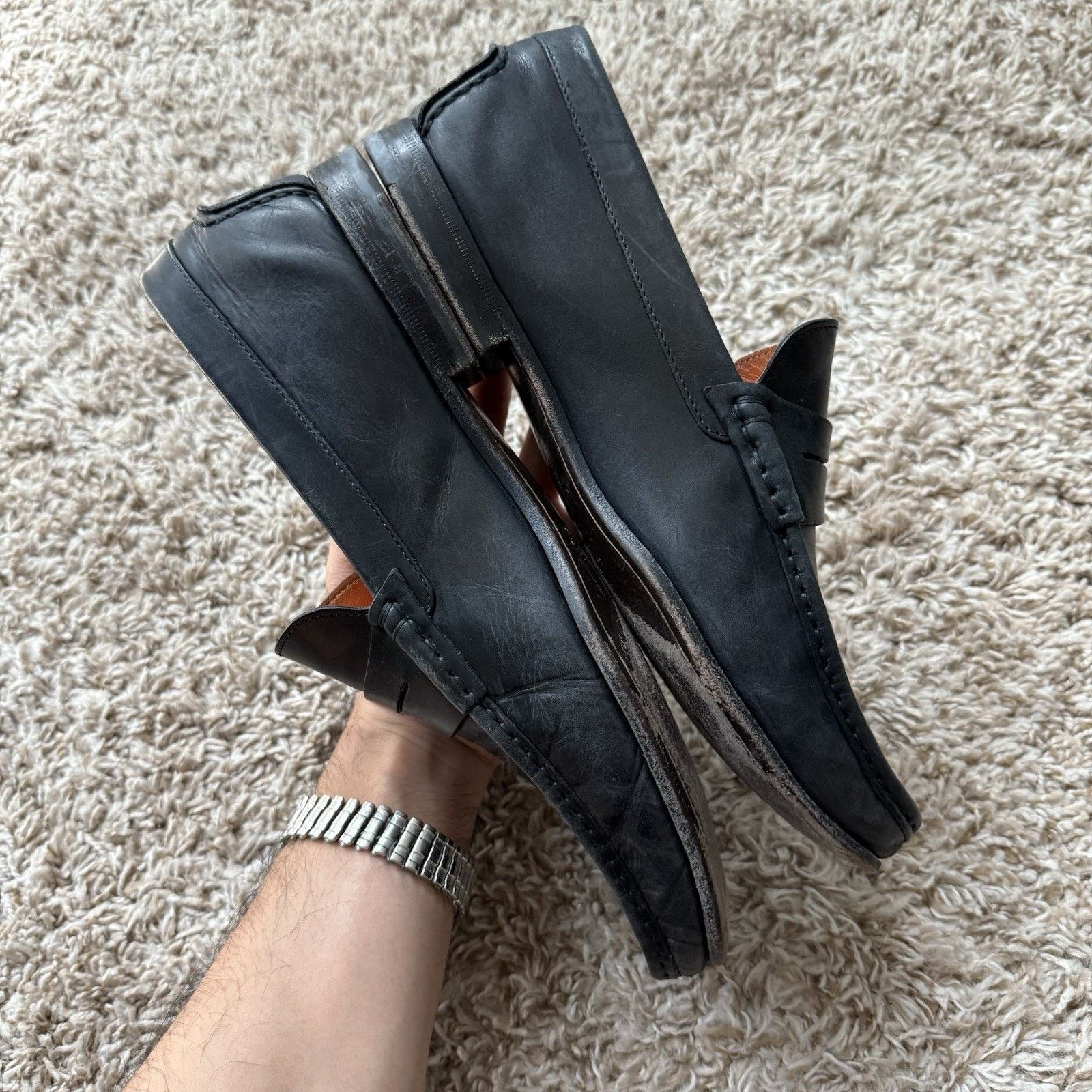 Santoni Santoni Slip On Black Leather Penny Loafers Made In Italy Size US 10 / EU 43 - 5 Thumbnail