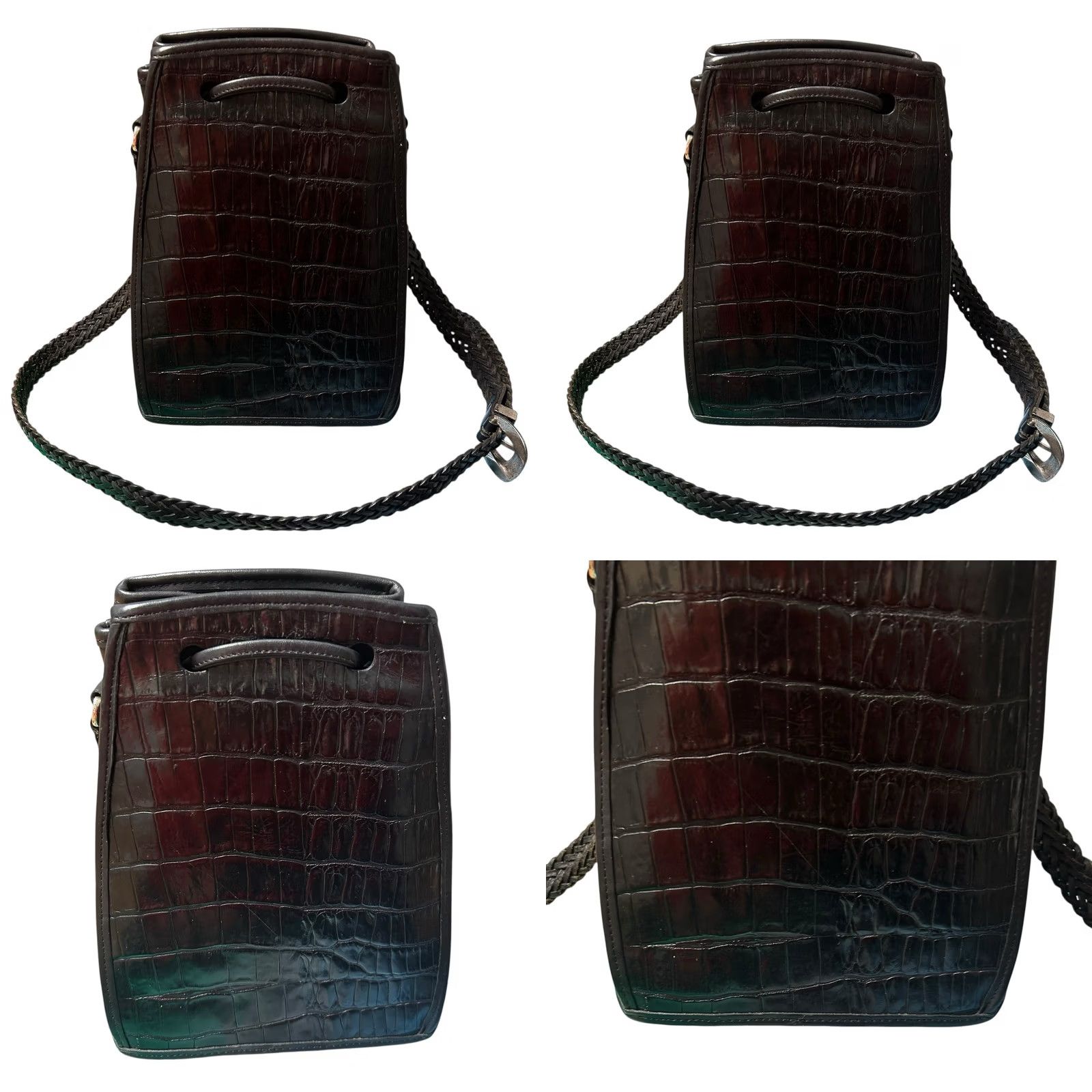 Brighton VINTAGE Brighton Black Leather Croc Embossed Drawstring Bucket Shoulder Bag Purse VTG Womens Small Crossbody Nature: Designer 90s Size ONE SIZE - 9 Thumbnail