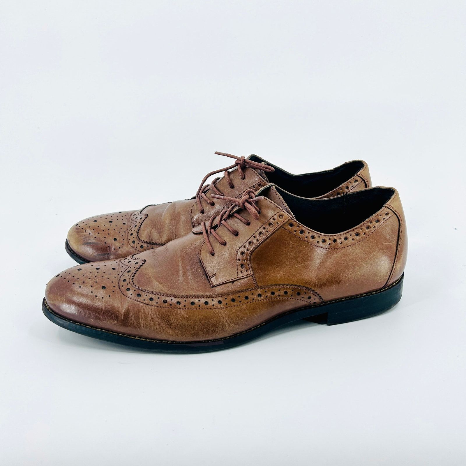 Stacy Adams Brown Tan Leather Wingtip Brogue Oxford Dress Shoes Size US 12 / EU 45 - 3 Thumbnail
