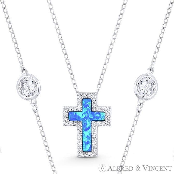 Other Pacific Blue Opal CZ Crystal Cross in .925 Sterling Silver Size ONE SIZE - 1 Thumbnail