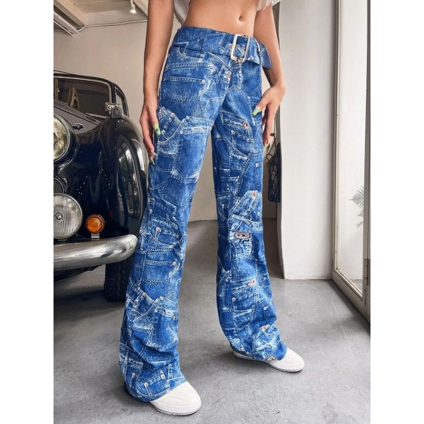 Other Shein Womens Pants Blue Jean Print Ultra Low Rise Flare Half Size 26" / US 2 / IT 38 - 11 Thumbnail