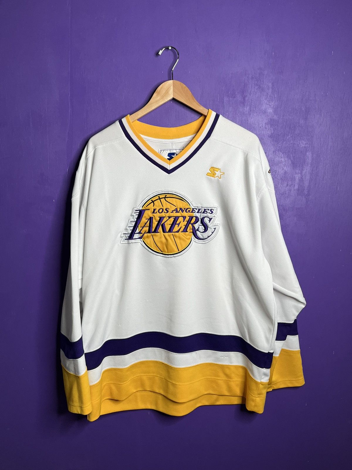 image of NBA x Starter Vintage 90's Starter Los Angeles Lakers Hockey Jersey in White, Men's (Size XL)