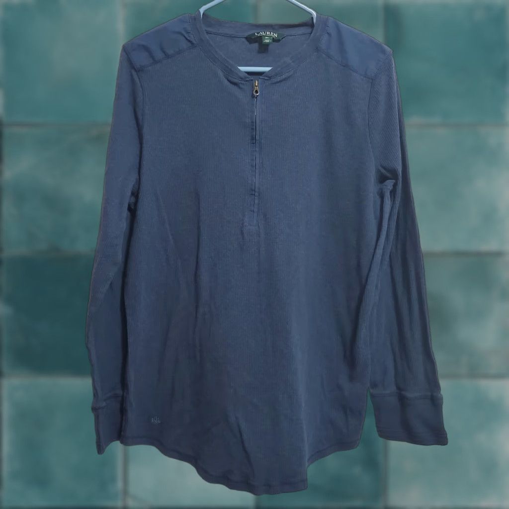 Ralph Lauren VINTAGE Lauren Ralph Lauren Top Women 3X Blue Ribbed Henley Long Sleeve Cotton 1/4 Zip Logo Size XXL / US 16-18 / IT 52-54 - 1 Thumbnail