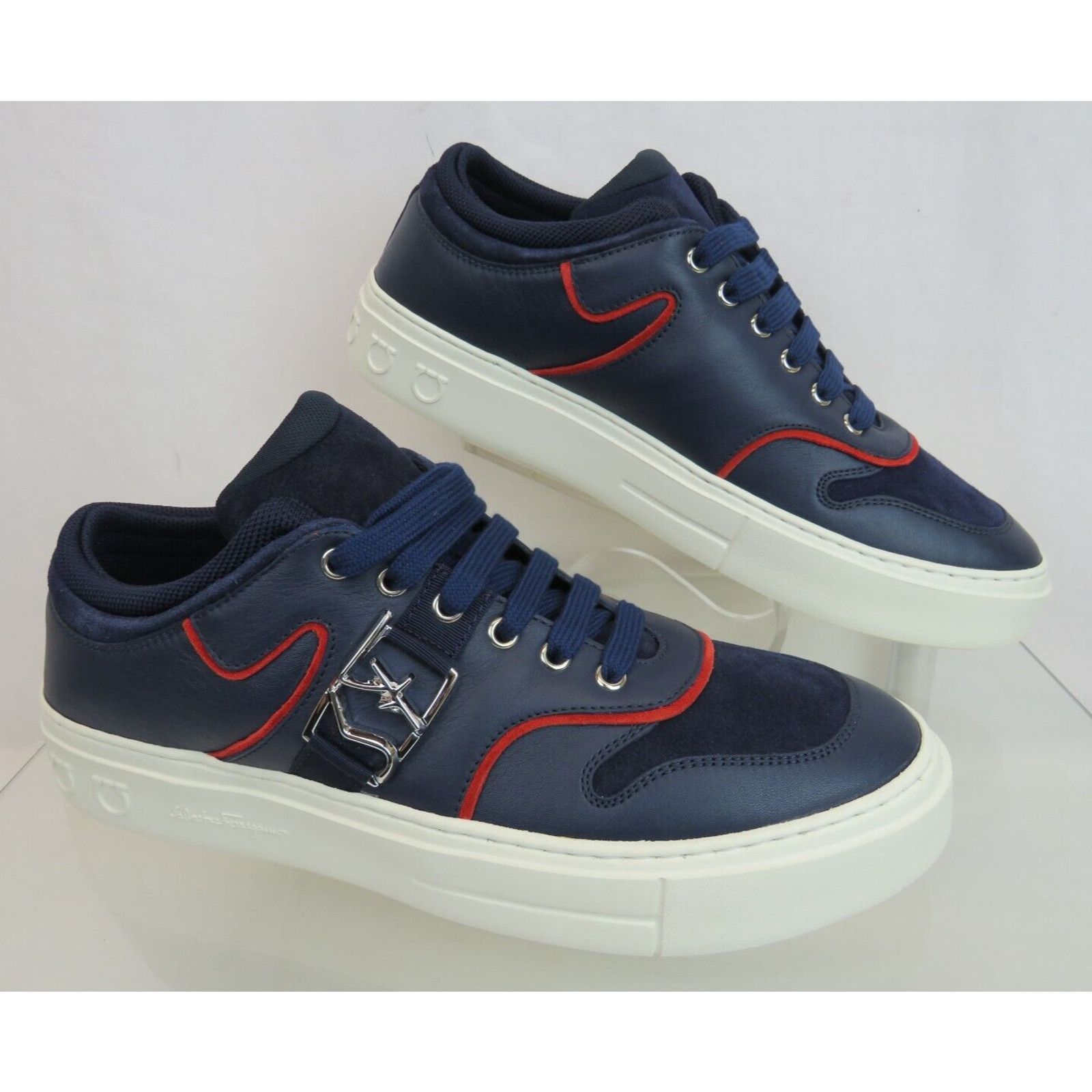 NORIS NAVY LEATHER RED SUEDE SF LOGO WHITE SNEAKERS 10 M