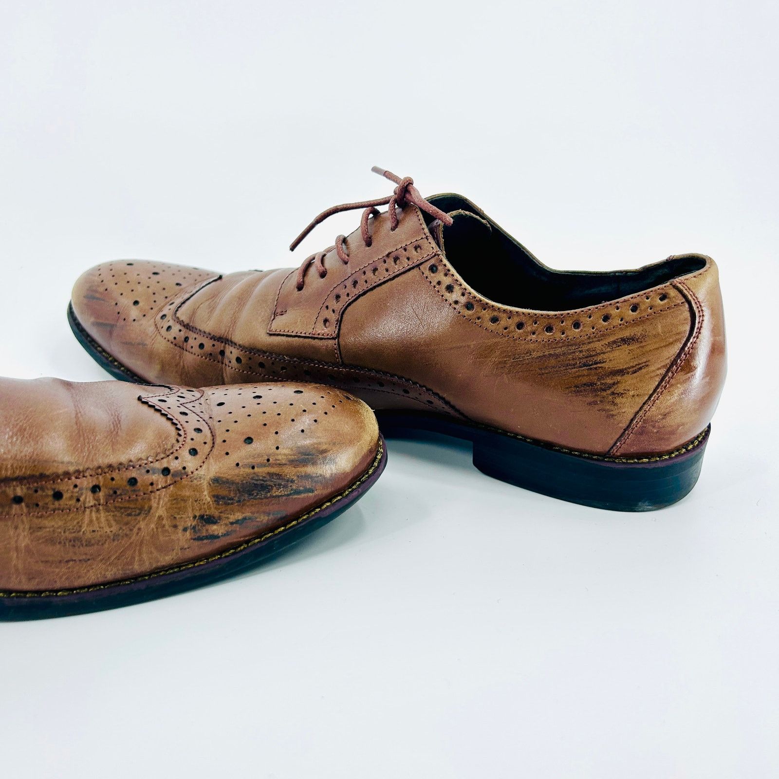 Stacy Adams Brown Tan Leather Wingtip Brogue Oxford Dress Shoes Size US 12 / EU 45 - 5 Thumbnail