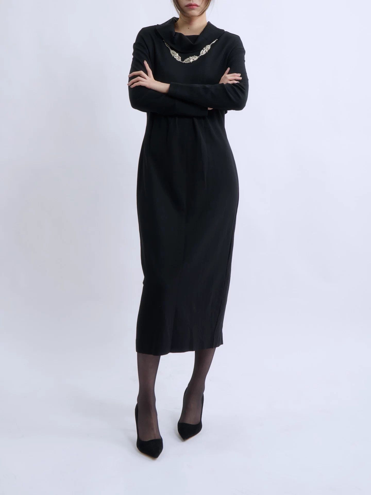 Romeo Gigli ROMEO GIGLI 90s Black Draped Neck Midi Dress 9AT Size M / US 6-8 / IT 42-44 - 2 Thumbnail