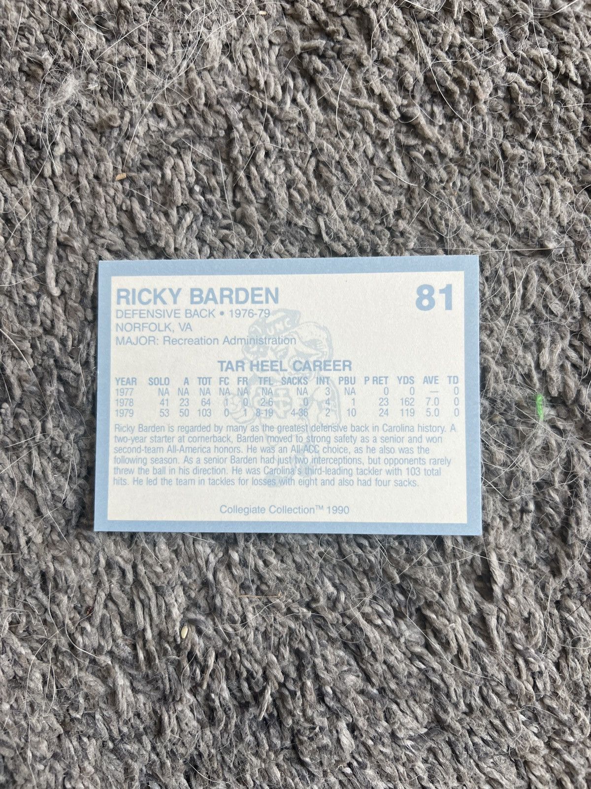 NCAA 1990 Collegiate Collection #81 Ricky Barden Card Size ONE SIZE - 2 Thumbnail