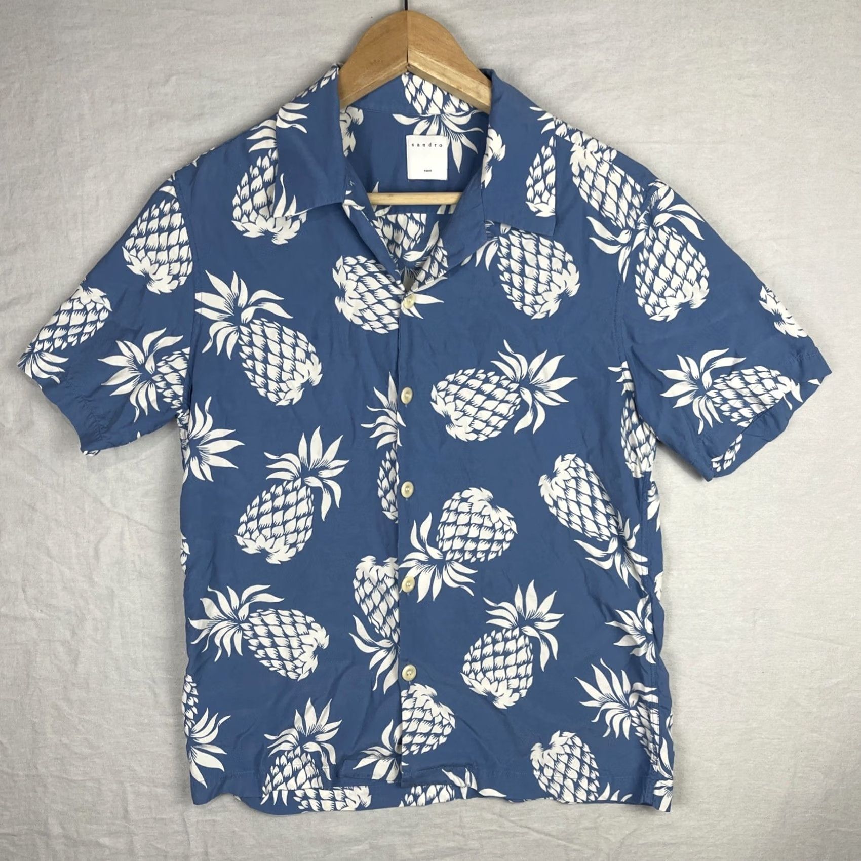 Sandro Sandro Paris Shirt Mens Medium Blue White Pineapple Hawaiian Aloha Camp Collar Shirt Beach Hawaii Sandro Mens Shirt Casual Button-Up Your Title Here Size US M / EU 48-50 / 2 - 2 Thumbnail