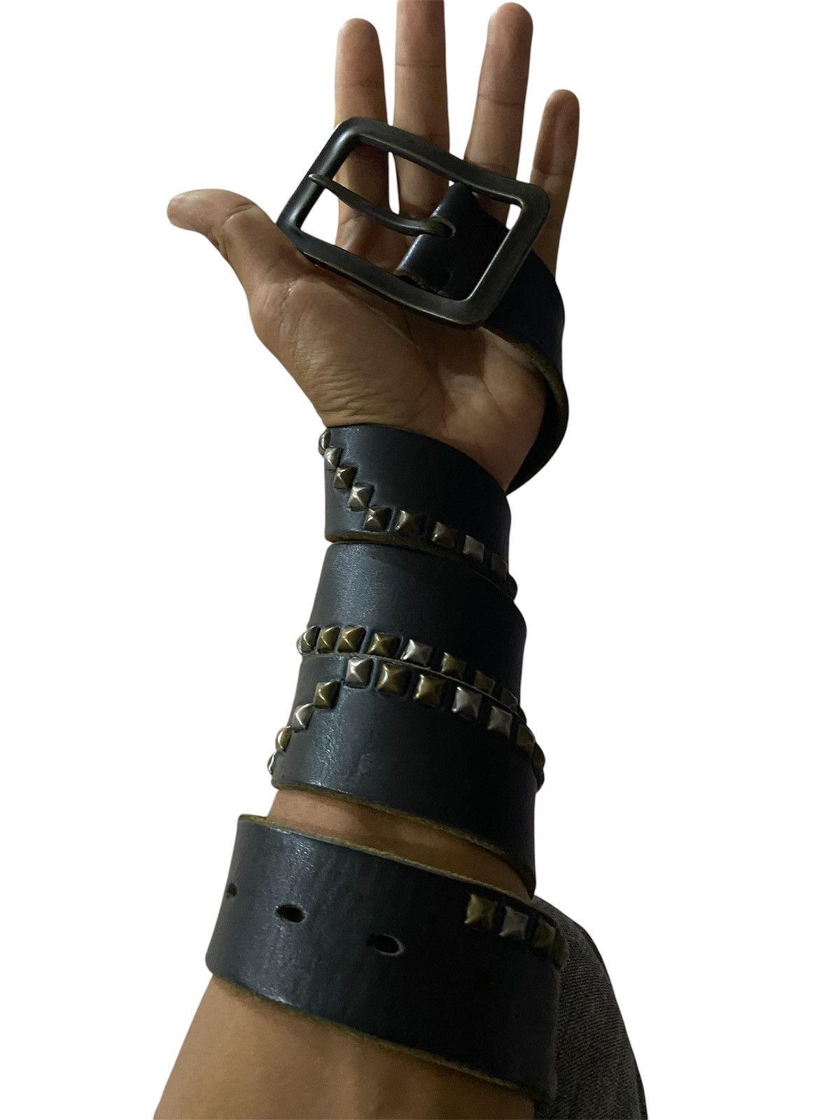 Lee Lee Mr Black Leather Black Belt Studded Metal Pyramid Size 36 - 1 Thumbnail