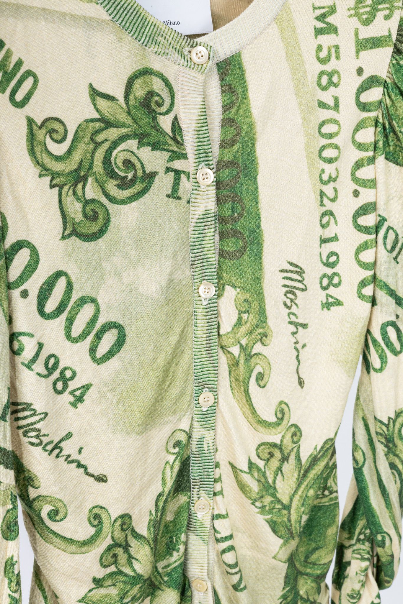 Moschino Moschino AW/19 Green Wool Money-Print Ruched Cardigan Size M / US 6-8 / IT 42-44 - 8 Thumbnail