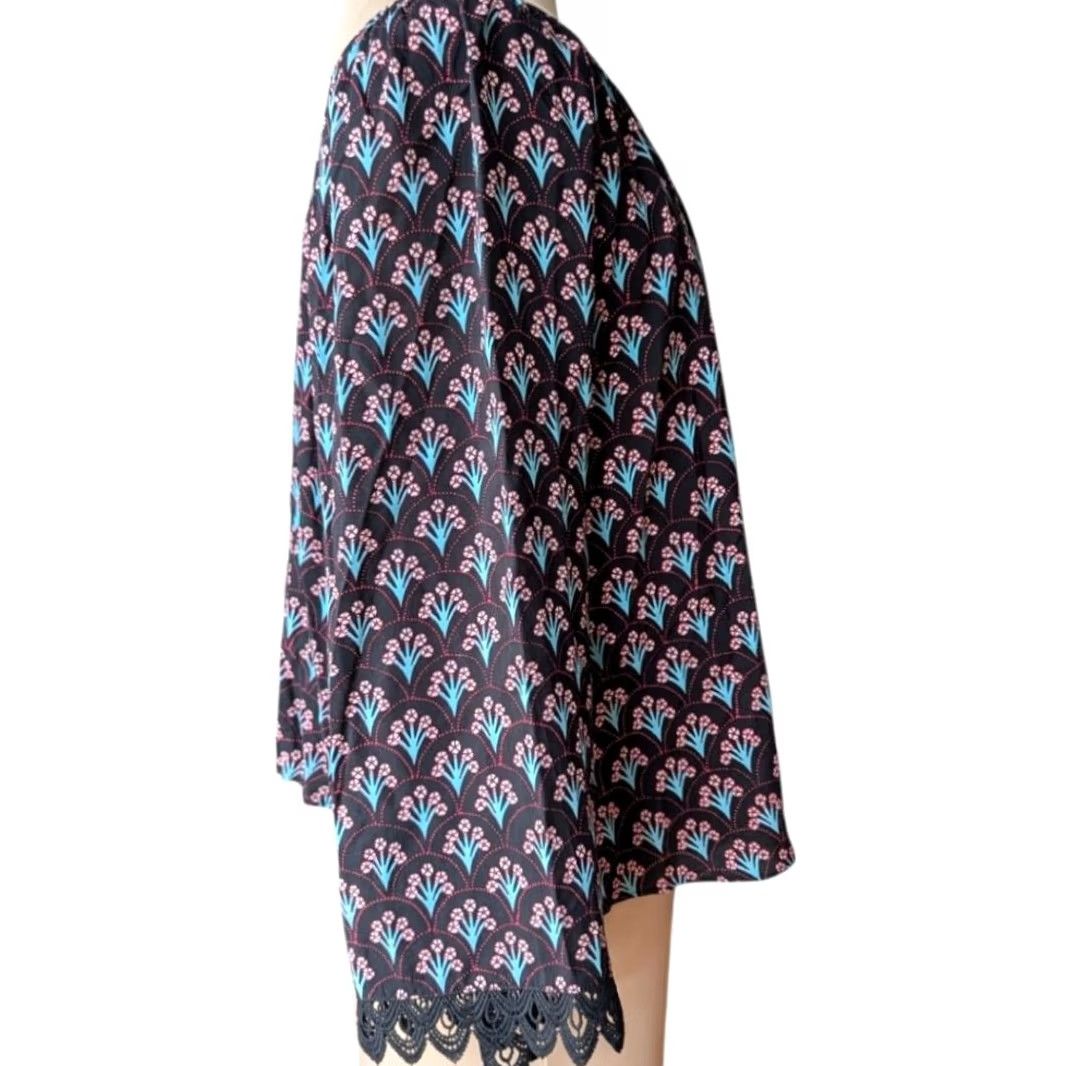 Pinko Floral Fan Print Blouse Top Black Pink Crochet Lace Trim Boho Sz XL Size XL / US 12-14 / IT 48-50 - 6 Thumbnail