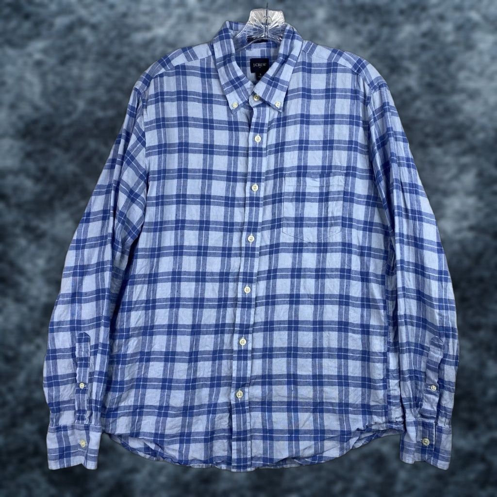 J.Crew J. Crew Shirt Mens L Slim Fit Blue Plaid Linen Blend Button Down Dress Shirt L Blue Slim Fit Comfort Casual Workwear Size 42R - 1 Thumbnail