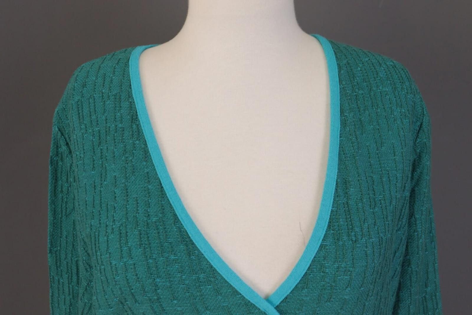 Designer Dunoue Green V-Neck Floral Knit Sweater Size XL Size XL / US 12-14 / IT 48-50 - 3 Thumbnail