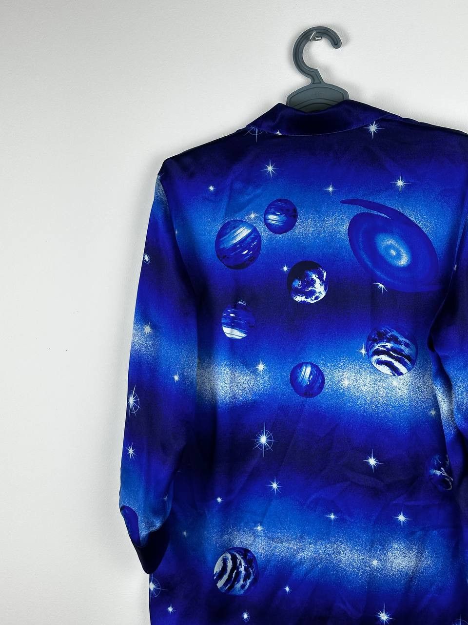 Escada × Vintage 90s Escada Margaretha Ley Blue Space Abstract Silk Blouse Size XS / US 0-2 / IT 36-38 - 9 Thumbnail