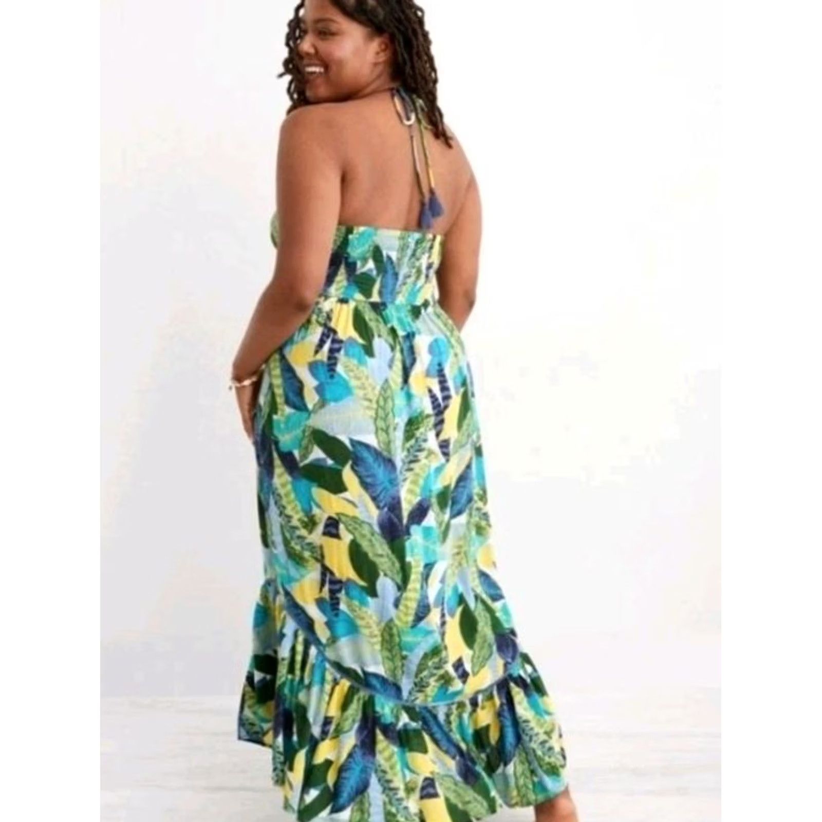 Vintage Aerie Paradise Tropical Boho Summer Dress - M - Blue Floral Halter Size M / US 6-8 / IT 42-44 - 3 Thumbnail