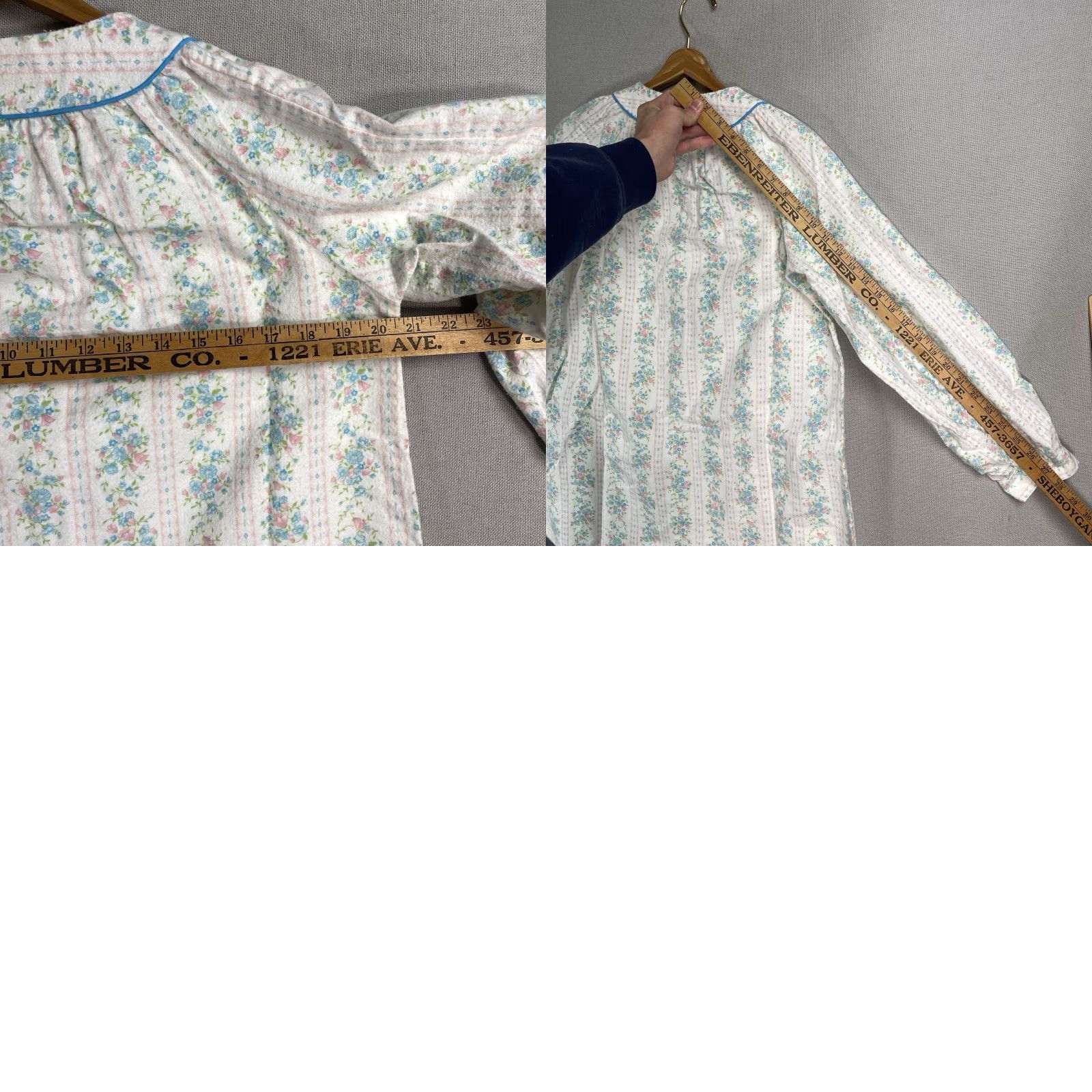 Annex VINTAGE Lyn Anne Nightgown Flannel Gown Long Sleeve Collared Button Pocket Blue 100% Cotton Floral Size ONE SIZE - 9 Thumbnail