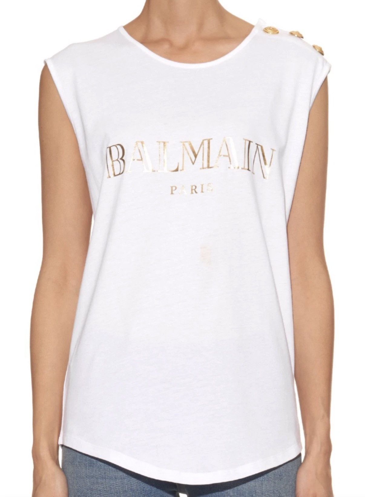 Balmain Balmain White Gold Logo Lion Shoulder Button Sleeveless tee Size S / US 4 / IT 40 - 1 Thumbnail