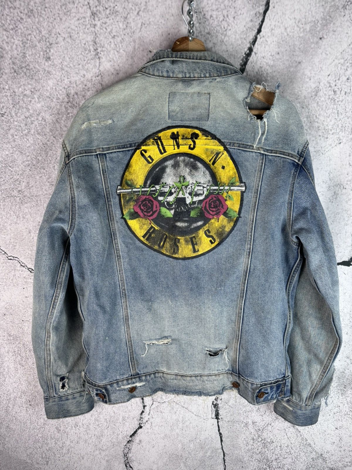 image of Divided x Guns N Roses H&m X Guns N Roses Distressed Denim Jacket Print, Men's (Size Medium)