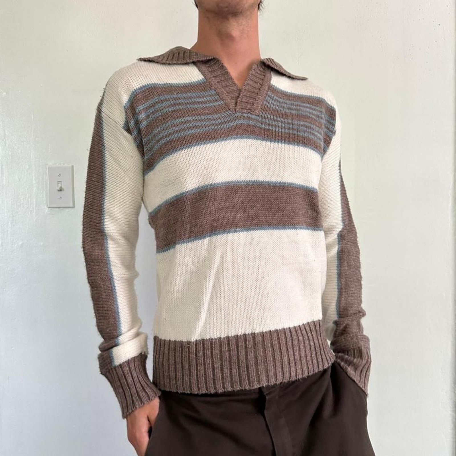 Vintage Vintage 70s Striped Collar Knit Sweater Longsleeve Pullover Size US M / EU 48-50 / 2 - 2 Thumbnail